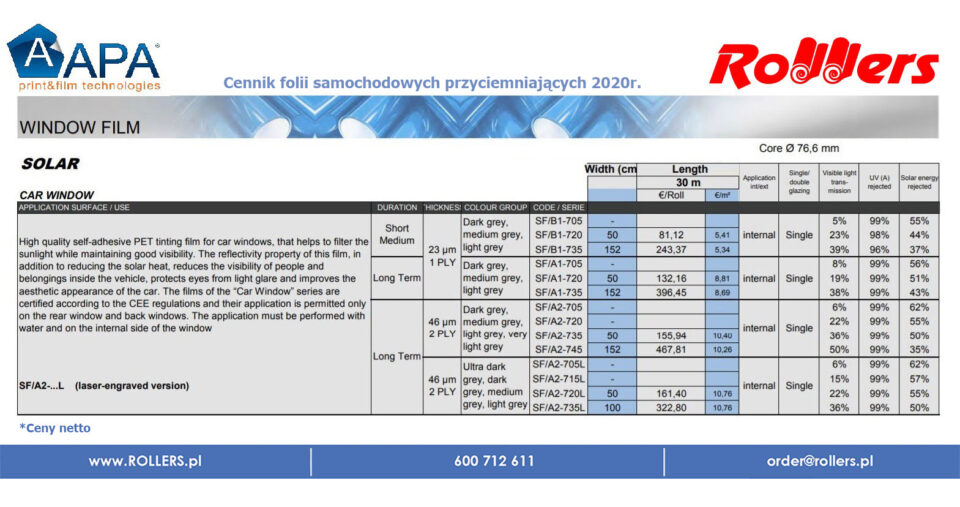 APA Automotive SOLAR CAR format A4 (próbki rozmiar 6cm x 3cm) - Wzornik i cennik folii do przyciemniania szyb samochodowych i reflektorów - obrazek 12