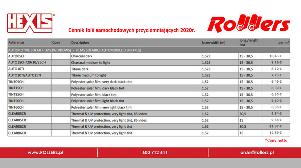 Hexis FPSAUTOV2 Automotive Films - Wzornik i cennik folii do przyciemniania szyb samochodowych - obrazek 3
