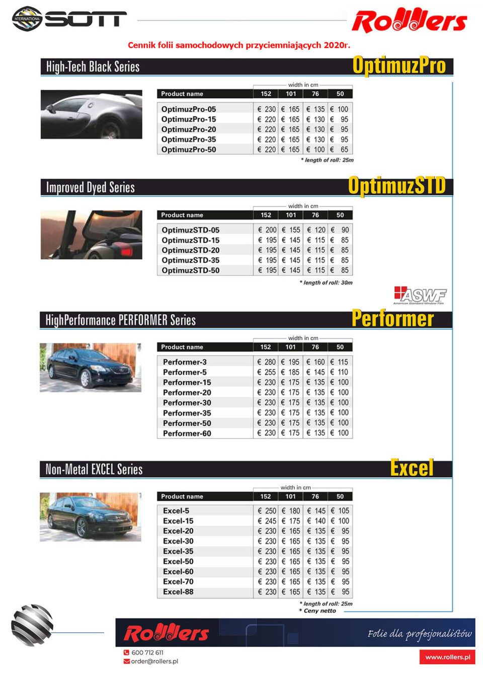 Próbka (1szt. = 5mb) SOTT CAR WINDOW PRICELIST - cennik folii do przyciemniania szyb samochodowych w opisie